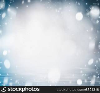 Blue snowfall background, front view. Happy winter holiday card layout
