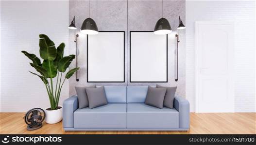 Blue sofa and plants decoration on wooden floor.3D rendering
