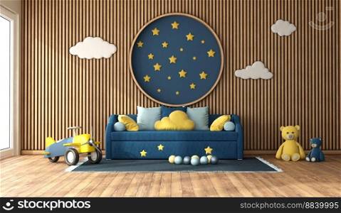 Blue sofa bed in aχld room with cladding wood pa≠ls, decorativeˆ≤and stars on blue wall - 3d render. Child room with wall wood cladding pa≠ls and sofa bed