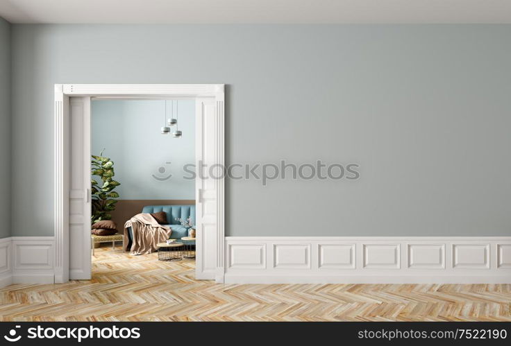 Blue sofa in living room behind the opened classic white sliding doors, interior background of modern apartment with empty wall. 3d rendering