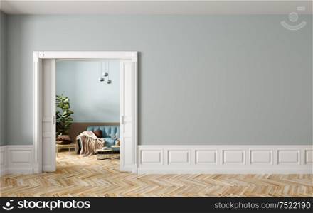 Blue sofa in living room behind the opened classic white sliding doors, interior background of modern apartment with empty wall. 3d rendering