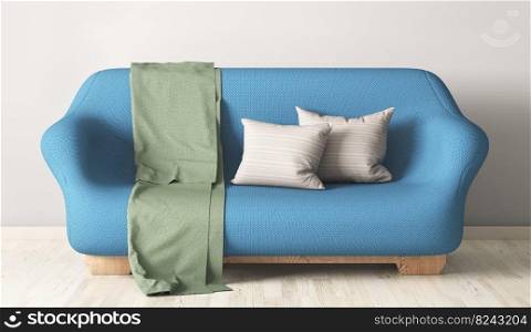 Blue sofa, interior design of modern living room with sofa, gray pillow and green plaid, 3d rendering