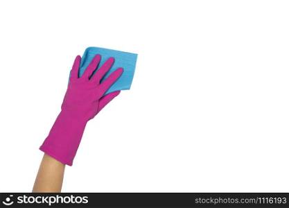 Blue Sponge for washing dishes in female hand. Hand in a pink latex glove holding sponge isolated on white. Woman&rsquo;s hand gesture or sign isolated on white.. A hand in a pink glove holds a sponge for washing and cleaning dishes