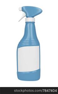 Blue spray bottle with empty label on white background