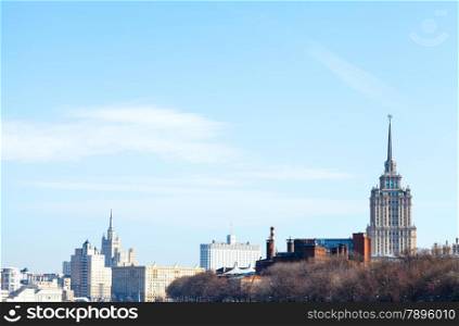 blue spring sky over Russian White House and skyscrapers in Moscow