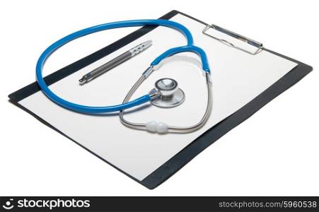 Blue stethoscope, pen and white paper sheet