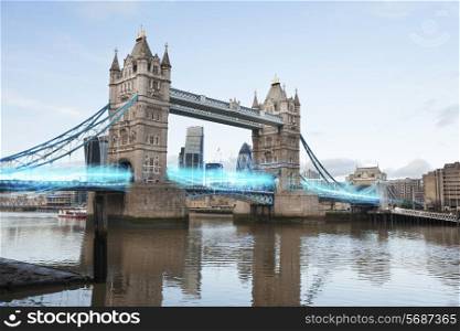 Blue streak of lights passing through London Bridge