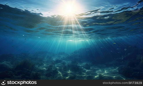 Blue sunlight illuminating underwater sea, creates stunning marine photography by generative AI