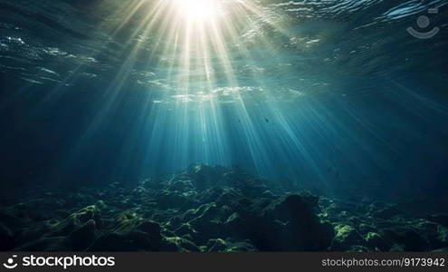 Blue sunlight illuminating underwater sea, creates stunning marine photography by generative AI