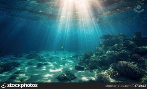 Blue sunlight illuminating underwater sea, creates stunning marine photography by generative AI