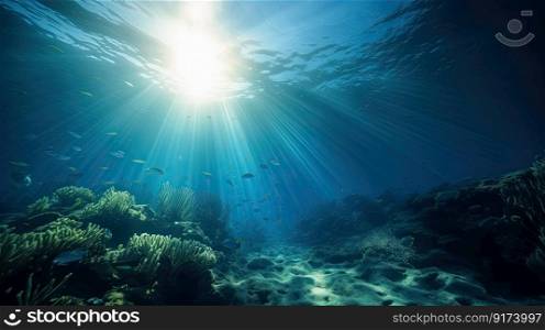 Blue sunlight illuminating underwater sea, creates stunning marine photography by generative AI