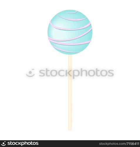 Blue Sweet bubble round candy - lollipop isolated on white. icing and sprinkles, stripes and dots. Vector illustration. Confection, sweets. For decoration, food, blog, web, print, label, tag. Blue Sweet bubble round candy - lollipop isolated on white. icing and sprinkles, stripes and dots.