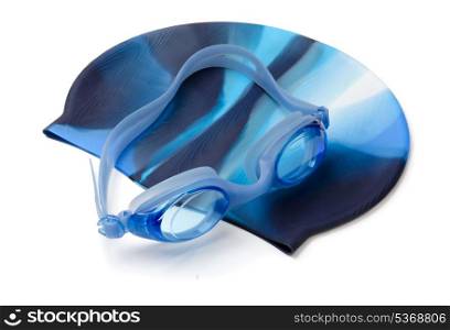 Blue swimming cap and goggles isolated on white