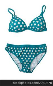 Blue swimsuit with polka dots. Isolate on white.