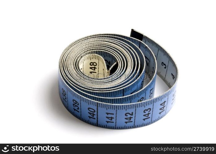 Blue tape measure rolled on white background