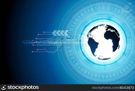 Blue tech background with globe and binary code