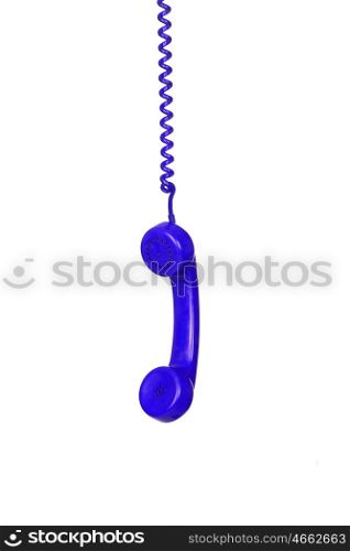 Blue telephone cable hanging isolated on white background