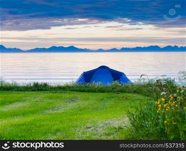 Blue tent on Gimsoysand sandy beach in summer. Camping on ocean shore. Lofoten archipelago Norway. Holidays and travel.. Tent on beach, Lofoten islands, Norway