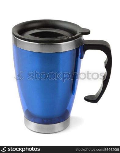Blue thermal travel cup isolated on white