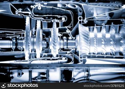blue toned jet engine x-section cutaway detail