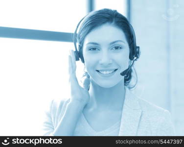 blue toned picture of friendly female helpline operator