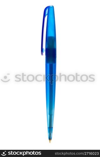 Blue translucent ballpoint pen on a white background