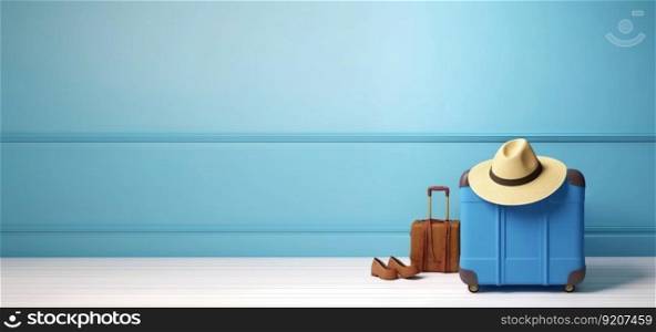 Blue travel suitcase with wheels, straw hat, on uniform blue background. Trip concept. Generative AI.. Blue travel suitcase with wheels, straw hat, on uniform blue background. Trip concept. Generative AI