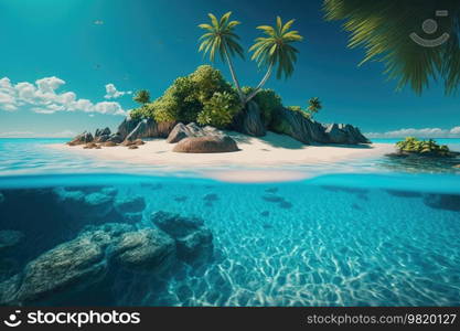 Blue tropical island in ocean background. Illustration Generative AI