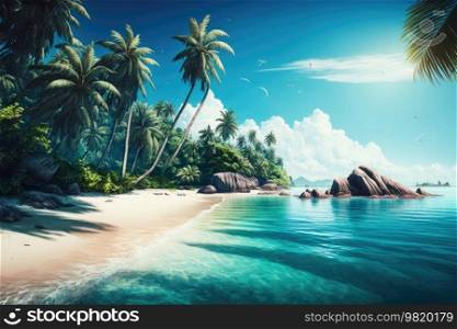 Blue tropical island in ocean background. Illustration Generative AI