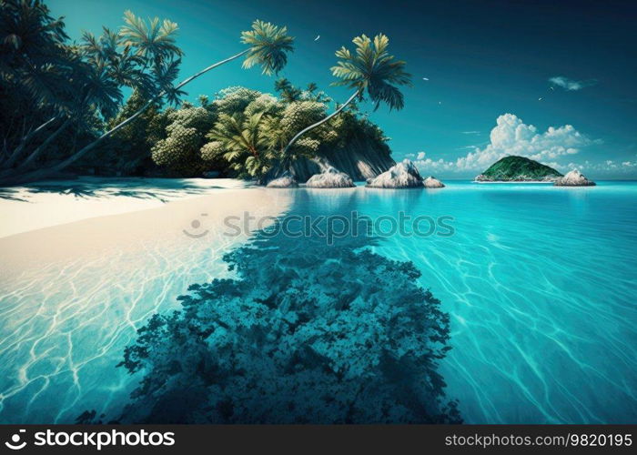 Blue tropical island in ocean background. Illustration Generative AI