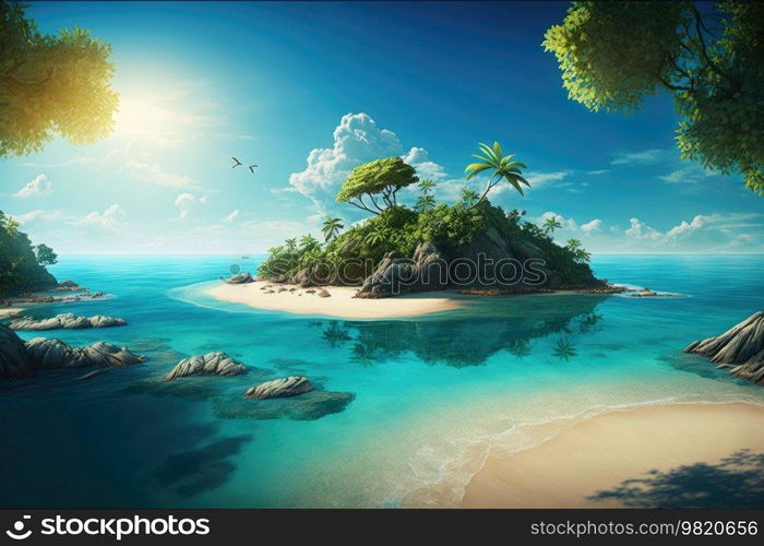 Blue tropical island in ocean background. Illustration Generative AI