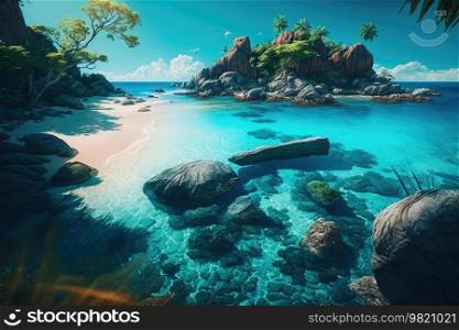 Blue tropical island in ocean background. Illustration Generative AI