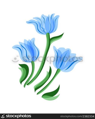 Blue tulips isolated on a white background. Blue colored tulips. Blue tulips set