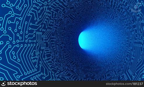 Blue tunnel in highway with circuit board pattern texture. High-tech background in digital computer technology concept, moving toward the light. 3d abstract illustration