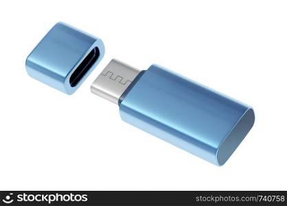 Blue usb-c flash stick isolated on white background