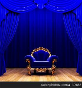 blue velvet curtain and chair made in 3d