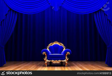 blue velvet curtain and chair made in 3d