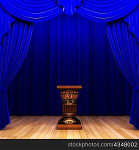 blue velvet curtain and Pedestal made in 3d