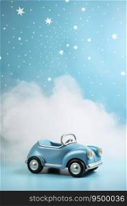 Blue vertical background with toy car and copy space. It’s a boy backdrop with empty space for text. Baby shower or birthday invitation, party. Baby boy birth announcement. Men’s Day. Generative AI. Blue vertical background with toy car and copy space. It’s a boy backdrop with empty space for text. Baby shower or birthday invitation, party. Baby boy birth announcement. Men’s Day. Generative AI.