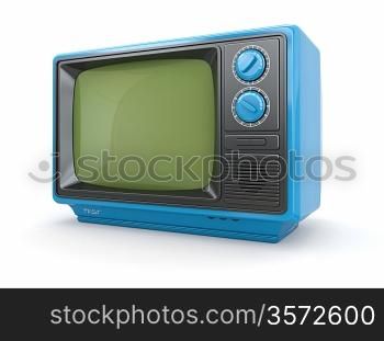 Blue vintage retro tv on white background. 3d