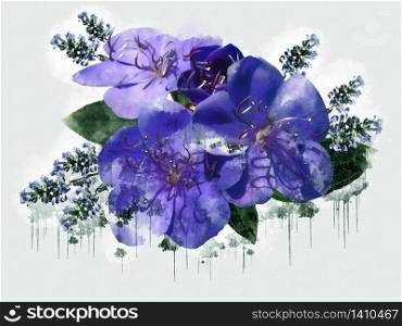 blue violet purple iris flowers. Beautiful Luxurious flower painted in watercolor style. Artistic plum blossom. Flowers illustration Abstract canvas painting. Full of romance. Wedding decor