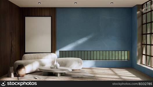 Blue Wabisabi style living interior Concept japanese room.3D rendering
