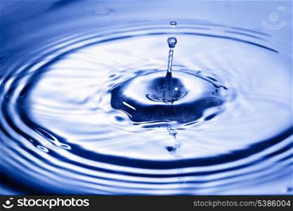 Blue water drop closeup, abstract background