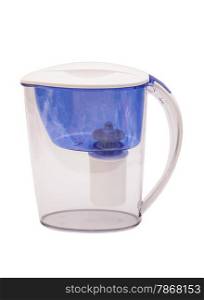 Blue water filtration pitcher isolated on white background