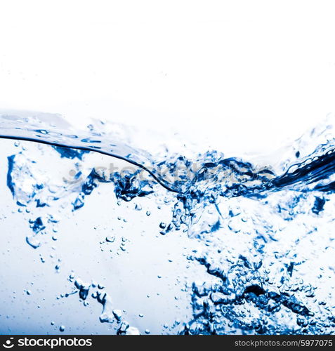 Blue water splash close up on a white background. Water splash