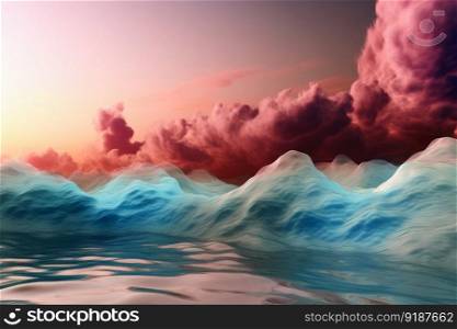 Blue water wave with pink clouds in pastel colors background created with generative AI technology