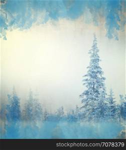 Blue watercolor abstract winter forest background