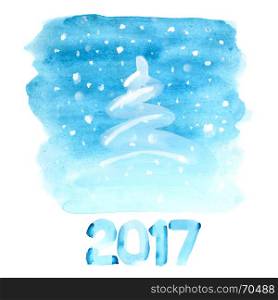 Blue watercolor Christmas tree with snow isolated over the white background