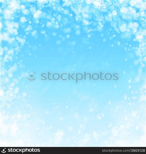 blue winter background with snow and snowflakes