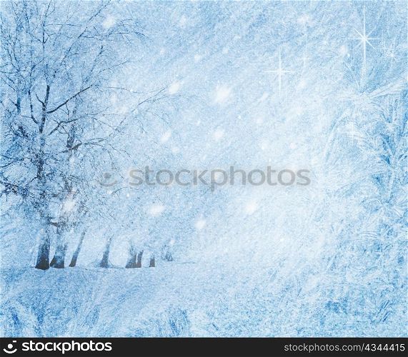 Blue Winter Background With Trees And Snow